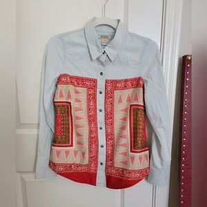 Lucky Brand Denim Pearl Snap Button Up Shirt - Aztec Chambray - Womens XS - New